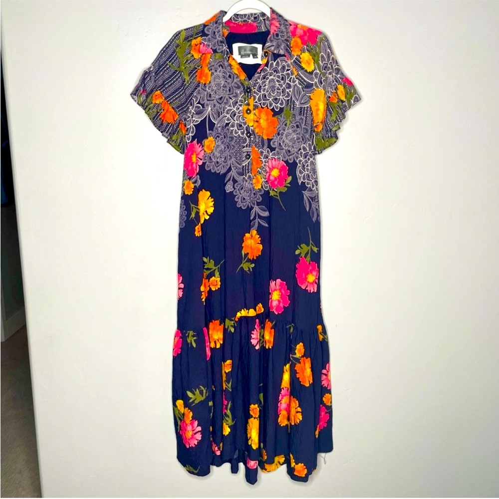 Anthropologie Floral Ruffle Blue Motif‎ Maxi Dress XXS Spanish Pink Orange